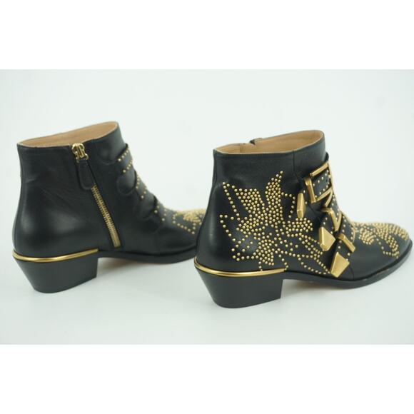 Chloe Suzanna Black Leather copper Studded Ankle Boot Size 35 $1380 Belted - Picture 5 of 11